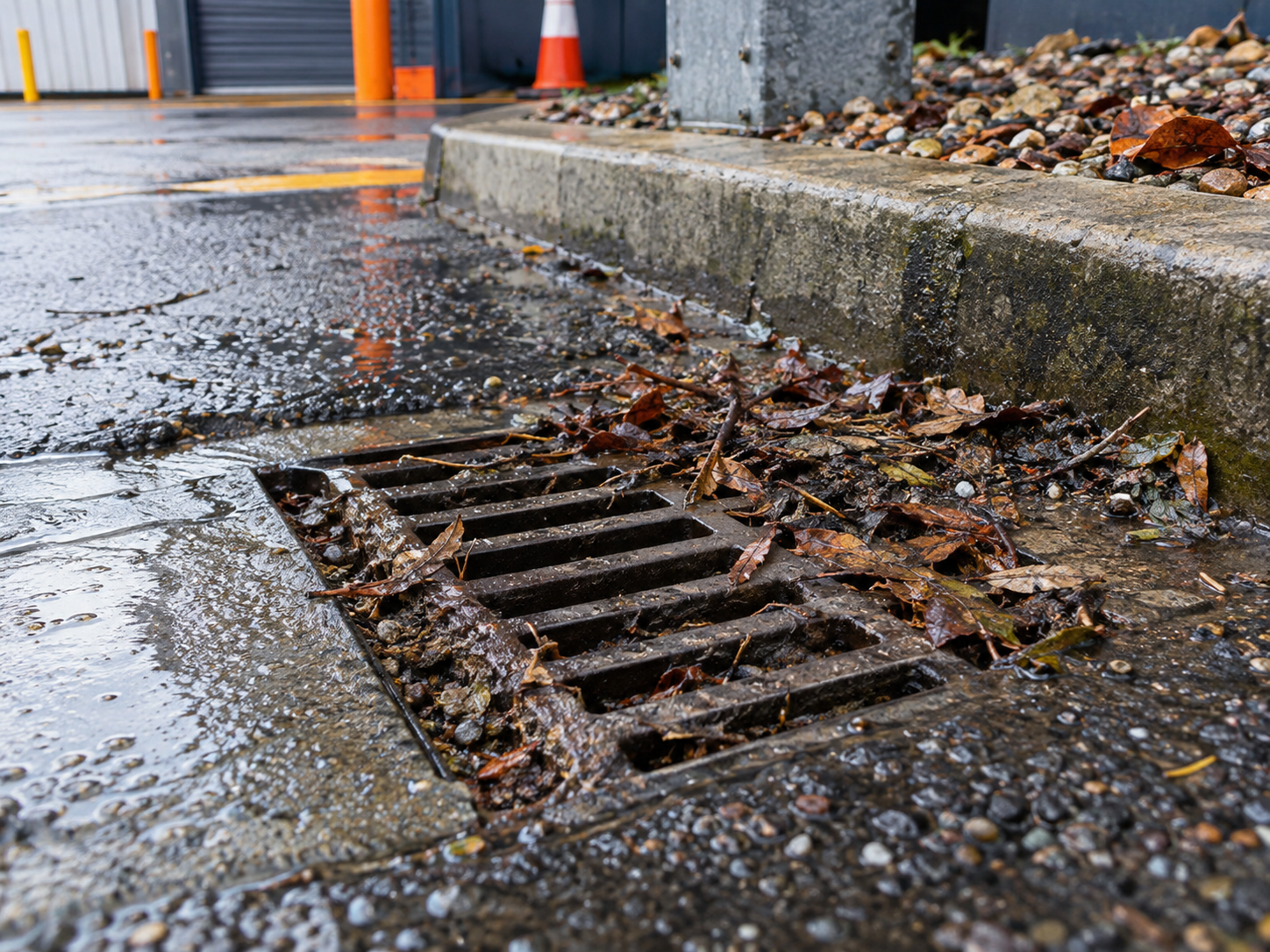Silt and debris blocking external commercial drains
