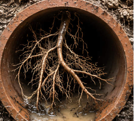 Tree root intrusion into drain pipe